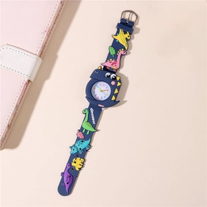 Detailed close-up of dark blue silicone strap with 3D cartoon dinosaur and clear watch dial