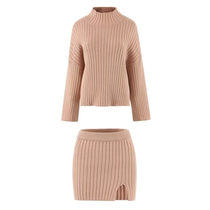 Women Ribbed Knit High Neck Long Sleeve Sweater And Side Slit Mini Skirt Solid Color Casual Elegant