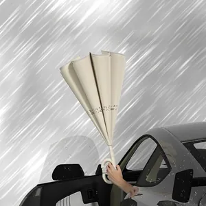 Inverted double-layer umbrella with C-shaped handle shown for car use in beige