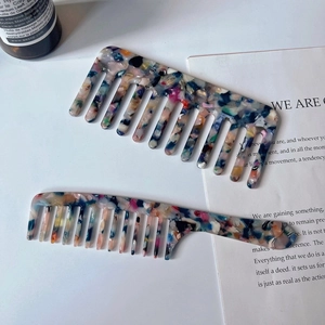 Colorful acetate wide tooth comb set with artistic marble patterns and portable handle