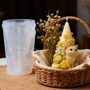 Molde de silicona para velas DIY con diseño de gato y casa de flores y detalles de rosas
