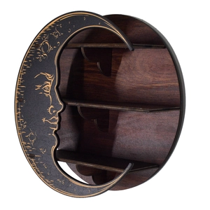 Side view of three-tier wooden moon face display shelf for crystals and jewelry