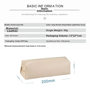 Detail view of cream leather makeup brush bag showing 20x6x6cm dimensions and features