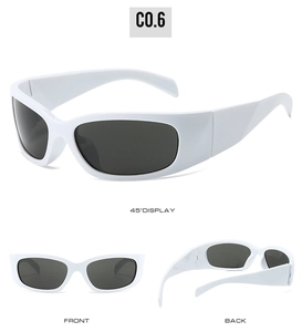 Detailed views of white Y2K sports sunglasses from front, back, and 45-degree angles