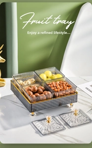 Detail of luxury snack tray with 4 gold-trimmed compartments and elegant crystal lids