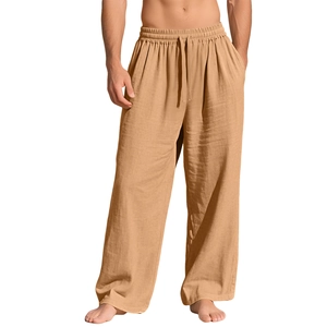 Men's loose linen casual pants with drawstring elastic waist in apricot beige color