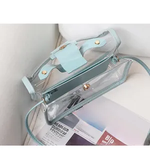 Top view showing clear PVC handbag details with light blue leather trim and magnetic buckle