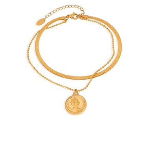 Layered Anklet Titanium Steel Gold Plated Snake Bead Chain Round Coin Portrait Pendant Retro Fashion Foot Jewelry Women
