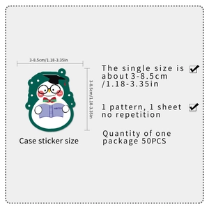 Detail showing 50pcs non-repeating cute snowman stickers measuring 3 to 8.5cm each