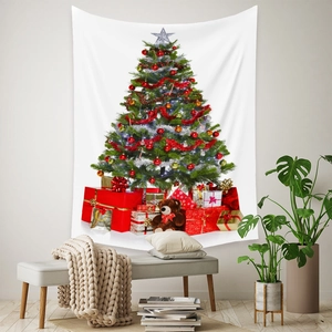 Detail view of a festive Christmas tree tapestry with red gift boxes and a brown teddy bear