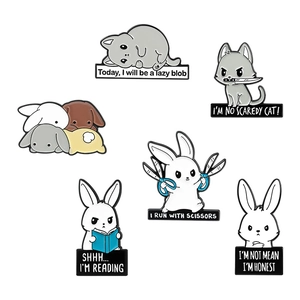 Set of six cute cartoon animal enamel pins featuring funny quotes and bunny designs
