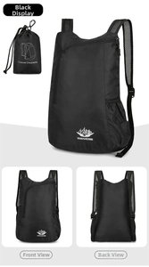 Detailed view of black lightweight foldable sports backpack with compact storage pouch