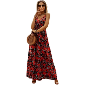 Floral V-neck sleeveless bohemian maxi dress with a flowy red and black print