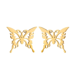 Close-up of golden butterfly stud earrings with intricate hollow wing textures on white background