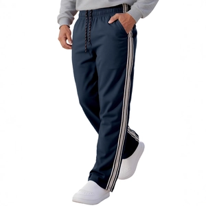 Men's navy blue loose jogging pants with side stripes and elastic drawstring waist