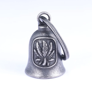 Retro stainless steel bell keychain with maple leaf relief on white background