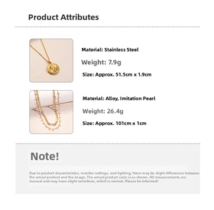 Detailed size and weight chart for 18K gold plated coin pendant and pearl layering necklace