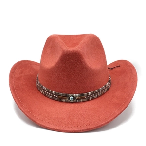 Orange bohemian faux suede cowboy hat with ethnic braided band and evil eye charm