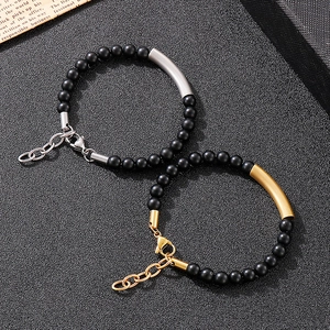 Vintage Black Matte Agate Beaded Bracelet With Stainless Steel Curved Tube And Rhinestone Adjustable Jewelry For Men