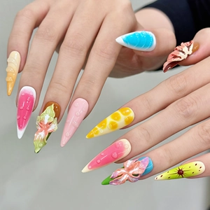 3D tropical floral and fruit pattern handmade stiletto press-on nails for summer