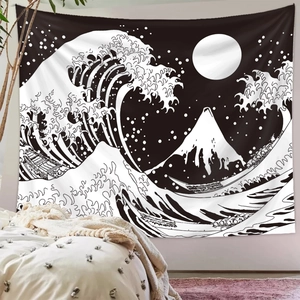 Detail of minimalist black and white Ukiyo-e tapestry with Great Wave and Fuji mountain