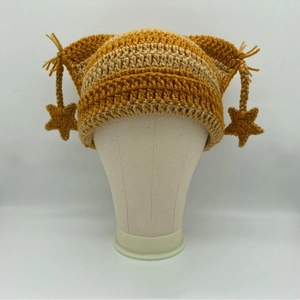 Handmade striped crochet cat ear beanie with star charms in yellow and brown