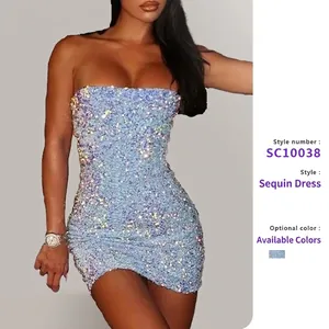 Damen Elegant Himmelblau Pailletten Trägerloses Mini Kleid Sexy Schlank Bodycon Party Clubwear Cocktail Abendkleid Rückenfrei