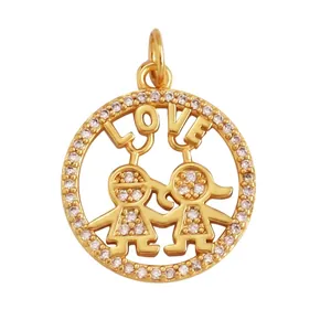 Macro shot of gold-plated LOVE charm with micro-pave zircons and boy girl silhouette