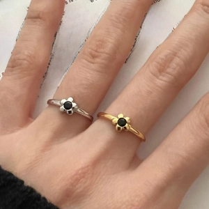 925 Sterling Silver Flower Ring With Black Agate Simple Korean Niche Personalized Adjustable Open Jewelry For Women