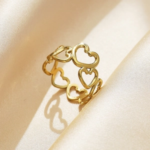 Detailed macro shot of 18k gold plated stainless steel ring with hollow heart patterns