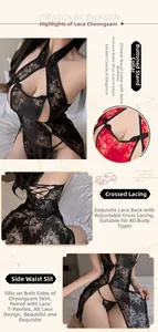 Detailed view of lace cheongsam lingerie with mandarin collar and open back cross straps