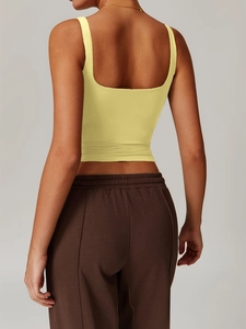 Rear view of yellow slim fit square neck crop top with ruched hem detail