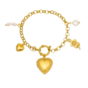 Vintage gold plated heart and sunflower pendant stainless steel bracelet with pearls