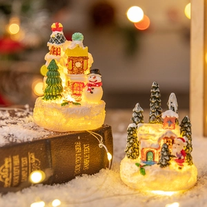 Luminous resin Christmas gingerbread house ornaments with Santa Claus and snowman miniatures