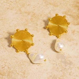 Artificial Baroque Pearl Drop Earrings 18K Gold Plated Stainless Steel Spiral Disc Waterproof Hypoallergenic Vintage Jewelry Women