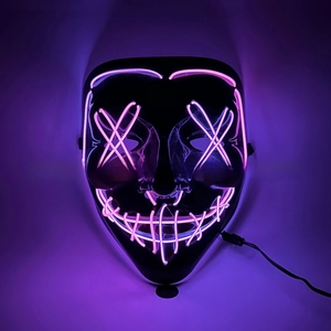 Detail of pink LED neon wire on black mask with stitched mouth design and power connector