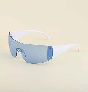 Side view of white wide-arm Y2K sunglasses with blue lenses and metal star rivets
