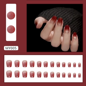 Burgundy gradient cat-eye press-on nails with glitter finish, 24 pieces square set
