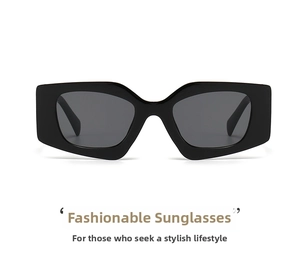 Close-up of stylish black geometric rectangular thick frames with dark grey lenses