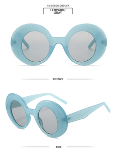 Front and side views of round retro sunglasses with light blue frames and gray lenses