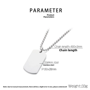 Detailed specs for stainless steel dog tag necklace with 50x28mm pendant and 600mm chain