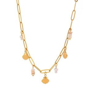 Golden paperclip chain necklace with shell pendant and colorful beads on white background