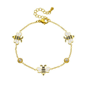 Gold plated stainless steel bee charm bracelet with enamel insect motifs and cubic zirconia