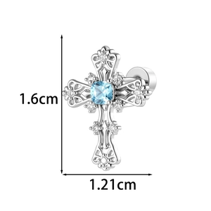 Vintage silver cross stud earring with blue gemstone and white zircon accents