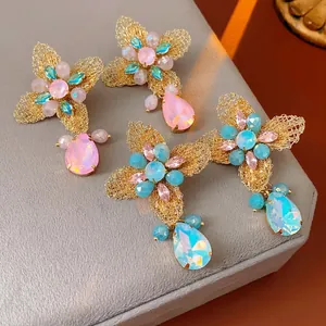 Vintage Flower Water Drop Dangle Earrings Copper With Rhinestone Crystal And Silver Earring Post