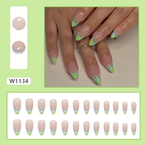 Green and blue gradient French long almond press-on nails with 24 pieces display