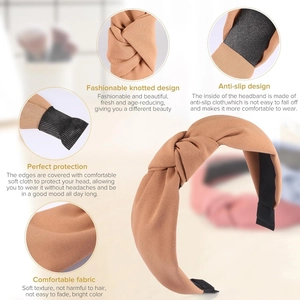 Detailed views of mustard yellow knotted fabric headband showing non-slip lining and soft ends