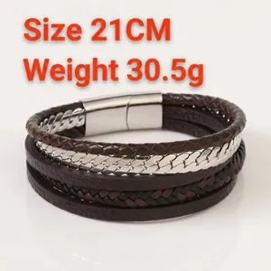 Retro multi-layer dark brown leather woven bracelet with magnetic stainless steel clasp