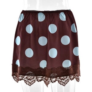 Brown satin mini skirt with light blue polka dots and wide brown lace hem details
