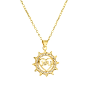 Gold sunburst necklace with heart pendant featuring I Love U engraving and clear crystals